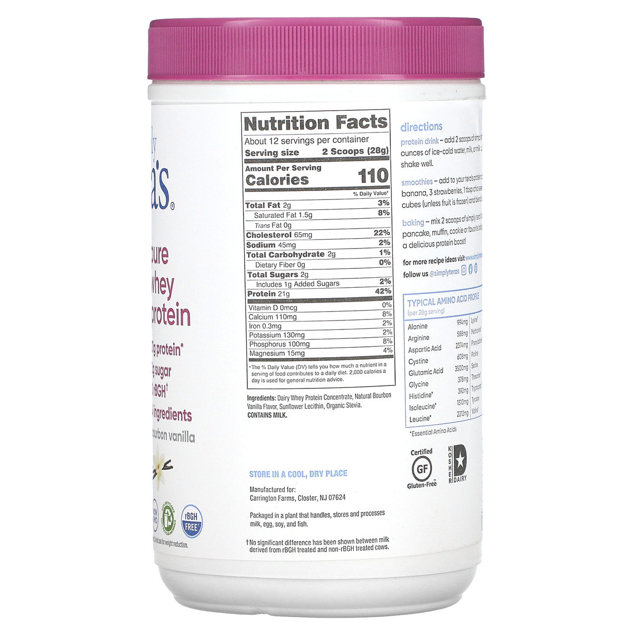 Tera's Whey rBGH Free Whey Protein Bourbon Vanilla  (1x12 OZ)-1