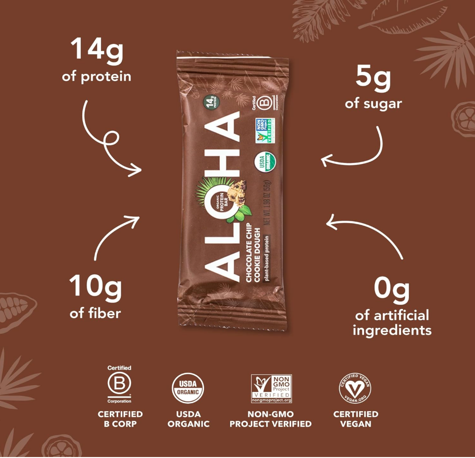 ALOHA Organic Chocolate Chip Cookie Dough, Protein Bars - 12 Pack (1.98OZ)