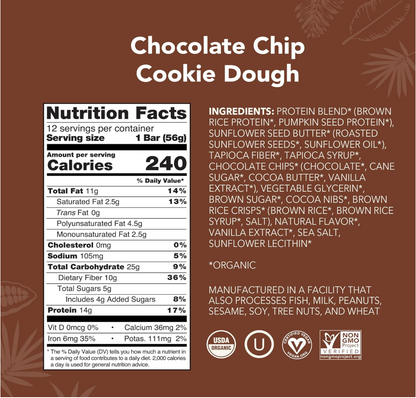ALOHA Organic Chocolate Chip Cookie Dough, Protein Bars - 12 Pack (1.98OZ)
