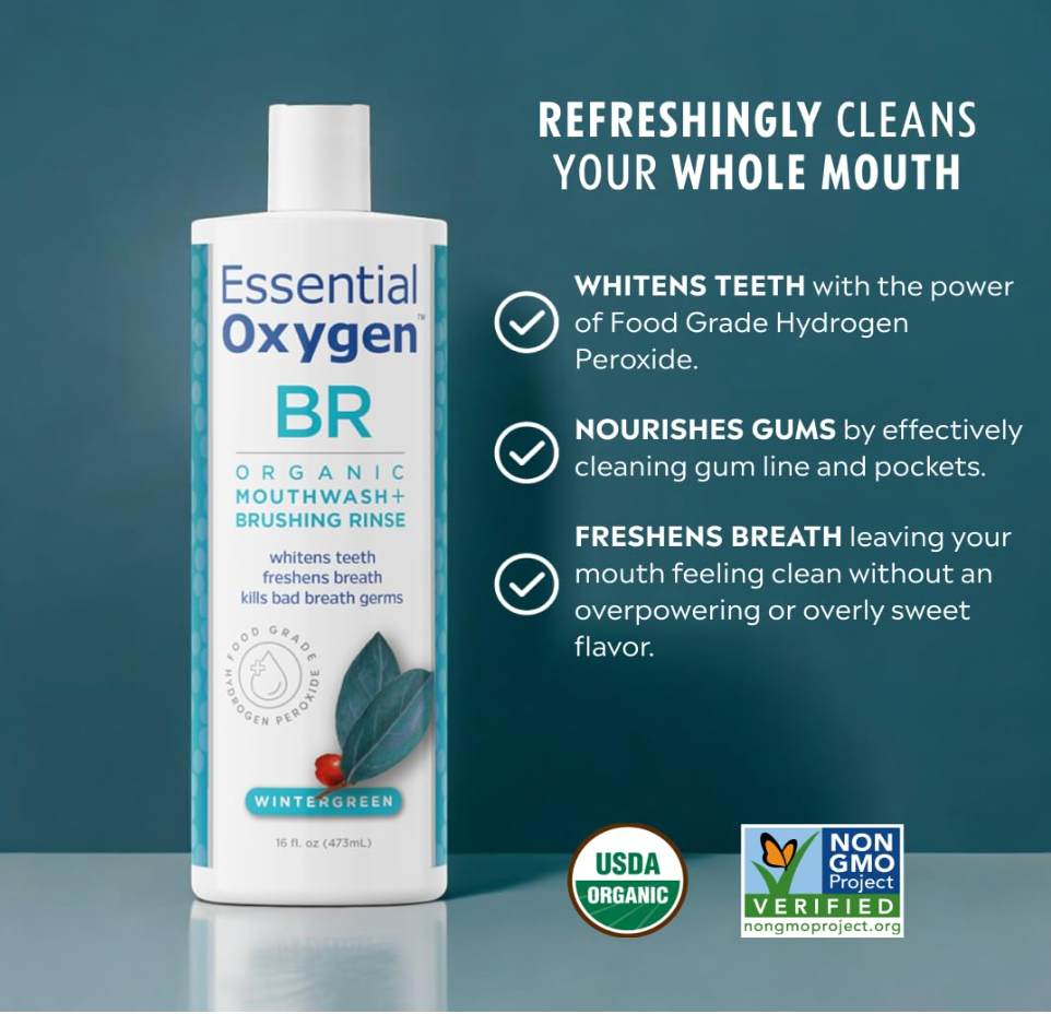 Essential Oxygen Mouthwash Wintergreen - 16OZ Certified BR Organic Brushing Rinse